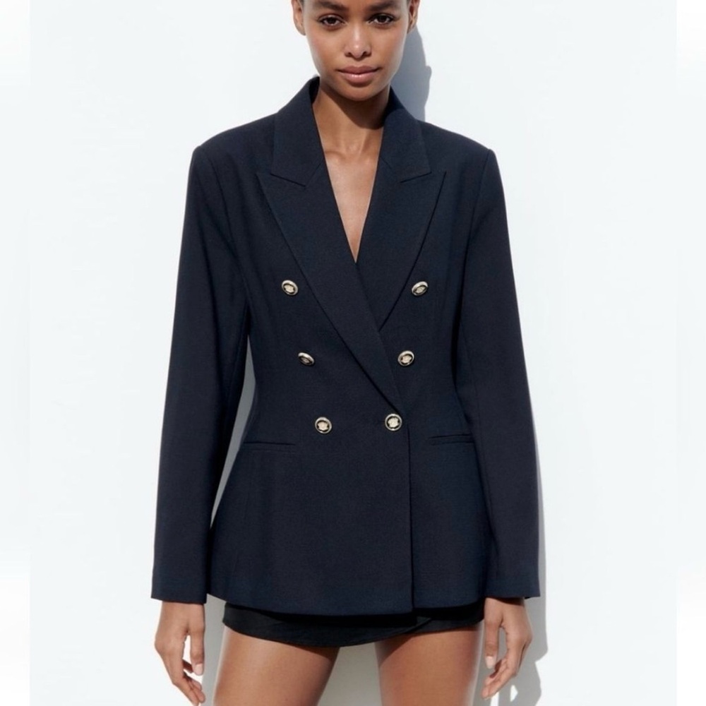 NWOT Zara Double Breasted Blazer in Navy Pique